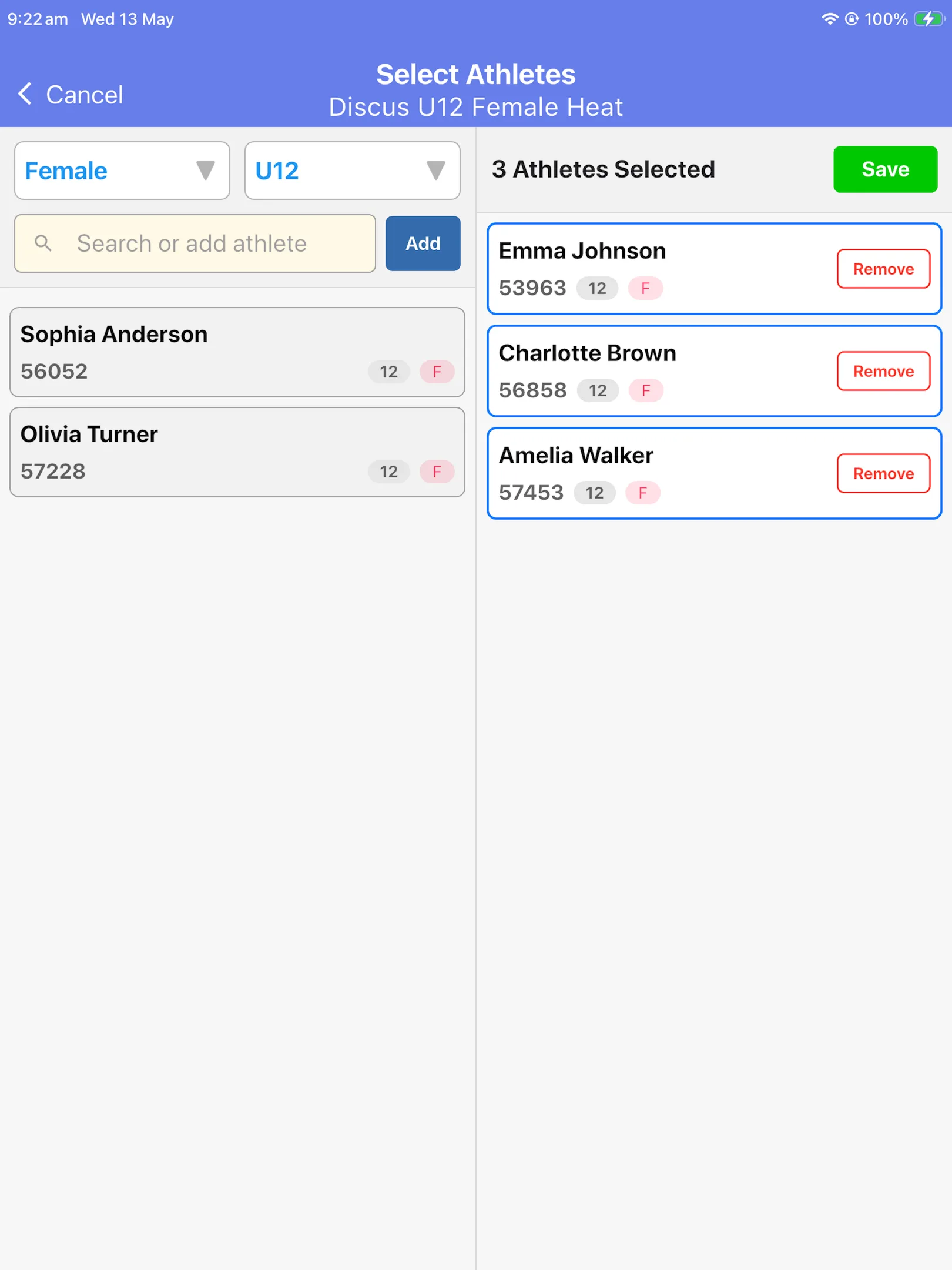 SplitFast Field Events App Select Athletes screen showing split view with available athletes on left and 2 selected on right